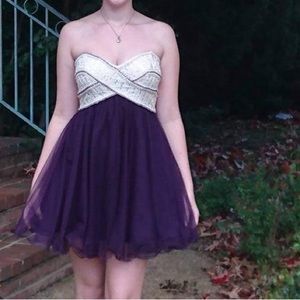 Beaded, strapless cream and dark purple cocktail dress, sz 7